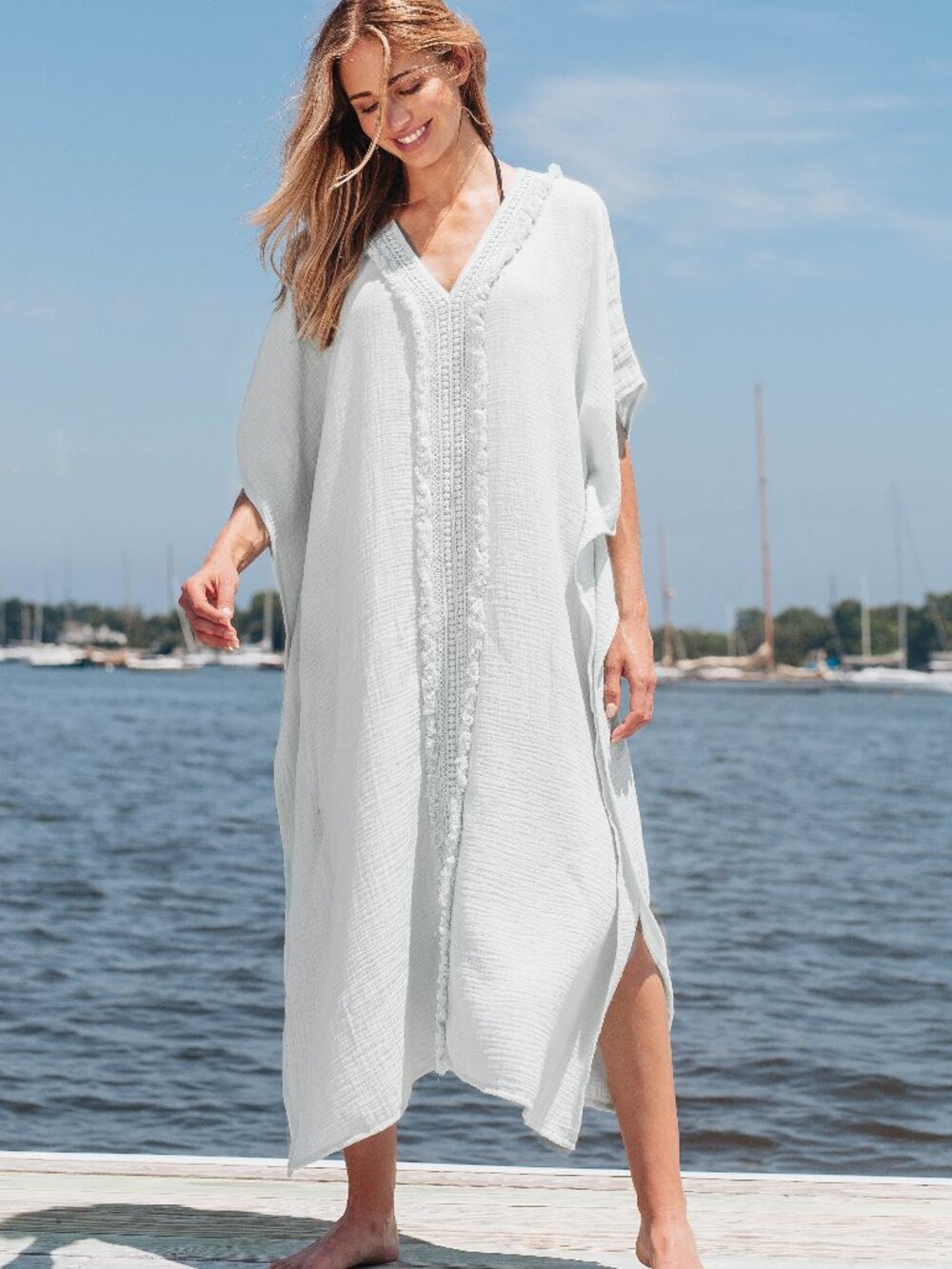 Echo White Cotton Gauze Maxi Beach Caftan W. Lace O/S